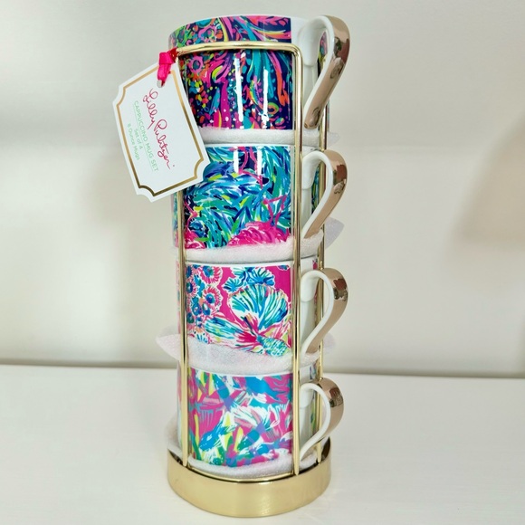 BWNT! Lilly Pulitzer Cappuccino Mug Set of 4 Stackable in Metal Gold Toned Stand - Picture 3 of 5